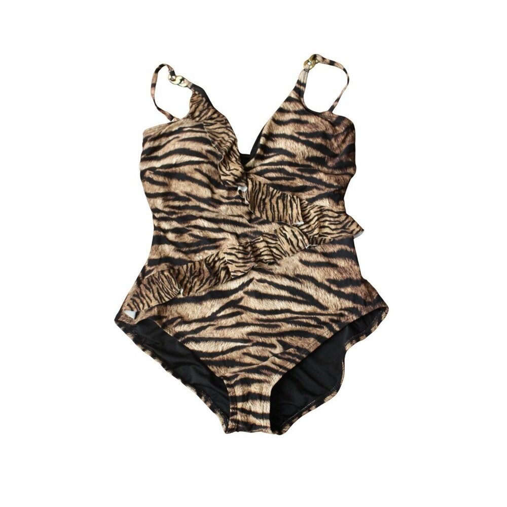 Michael Kors Brown Tiger Print Lingerie Ruffle One Piece Swimsuit Size 14